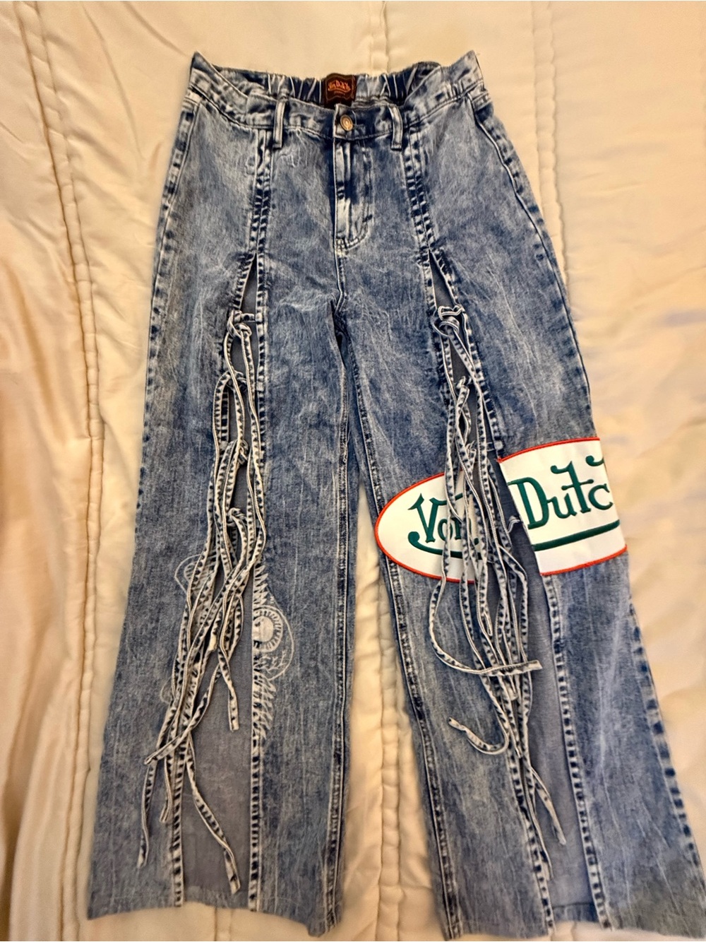Von Dutch Light Blue Washed Fringe Wide Leg Jeans with Logo Patch